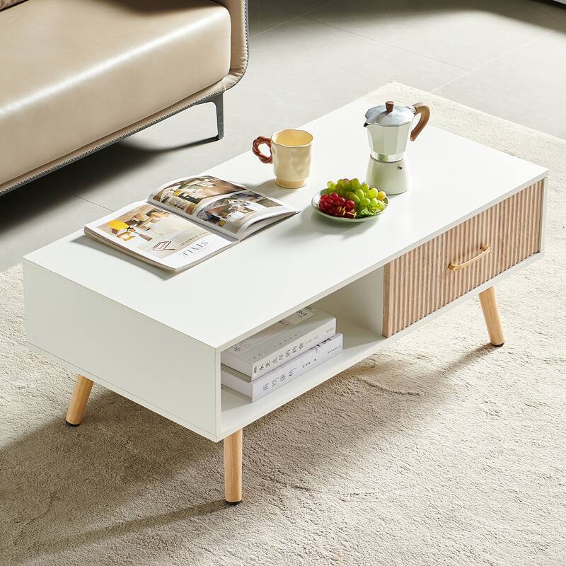 Rectangle Coffee Table with Solid Wood Legs, Sliding Drawer for Storage, Modern Table for Living Room
