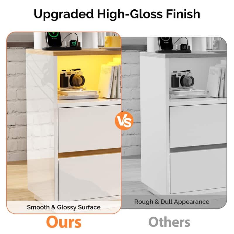 15.7 Inches W High Gloss White and Oak Nightstand 2 Drawers RGB Strip US Outlet 2USB+2AC