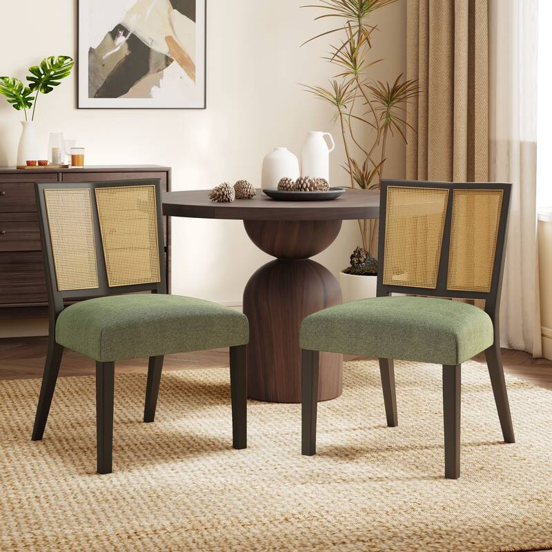 Christopher Knight Home - Oliver Mid-Century Rattan Back Upholstered Dining Chair Set of 2 - Dark Brown+Green