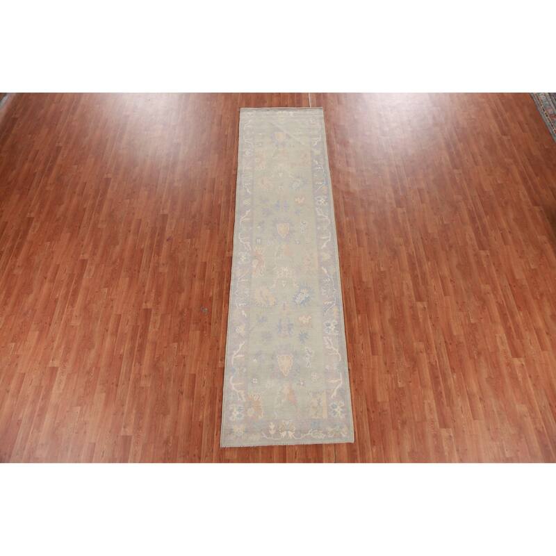 Hand Knotted Oriental 100% Wool Carpet Transitional Floral Green Oushak Runner Rug - 11' 9'' X 3' 1''