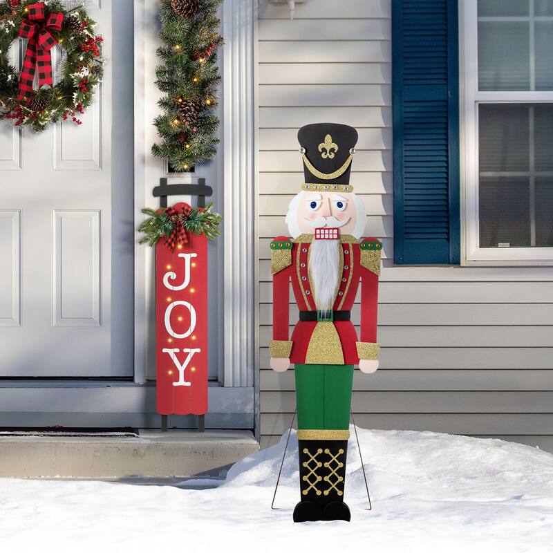 Glitzhome 60"H Christmas Wooden Traditional Nutcracker Porch Decor - Black/Green/Red