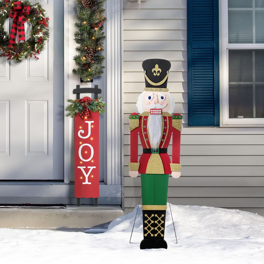Glitzhome 60"H Christmas Wooden Traditional Nutcracker Porch Decor - Black/Green/Red