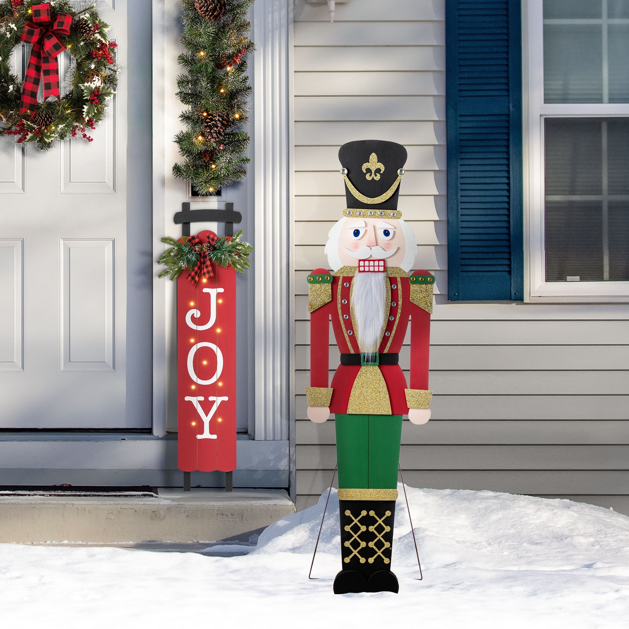 Glitzhome 60"H Christmas Wooden Traditional Nutcracker Porch Decor - Black/Green/Red