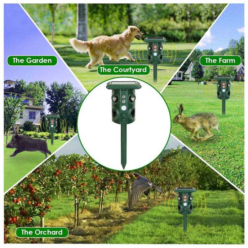Solar Ultrasonic Animal Repeller Solar Powered Repellent Chaser w/ IP54 Waterproof Sound Flashing Light