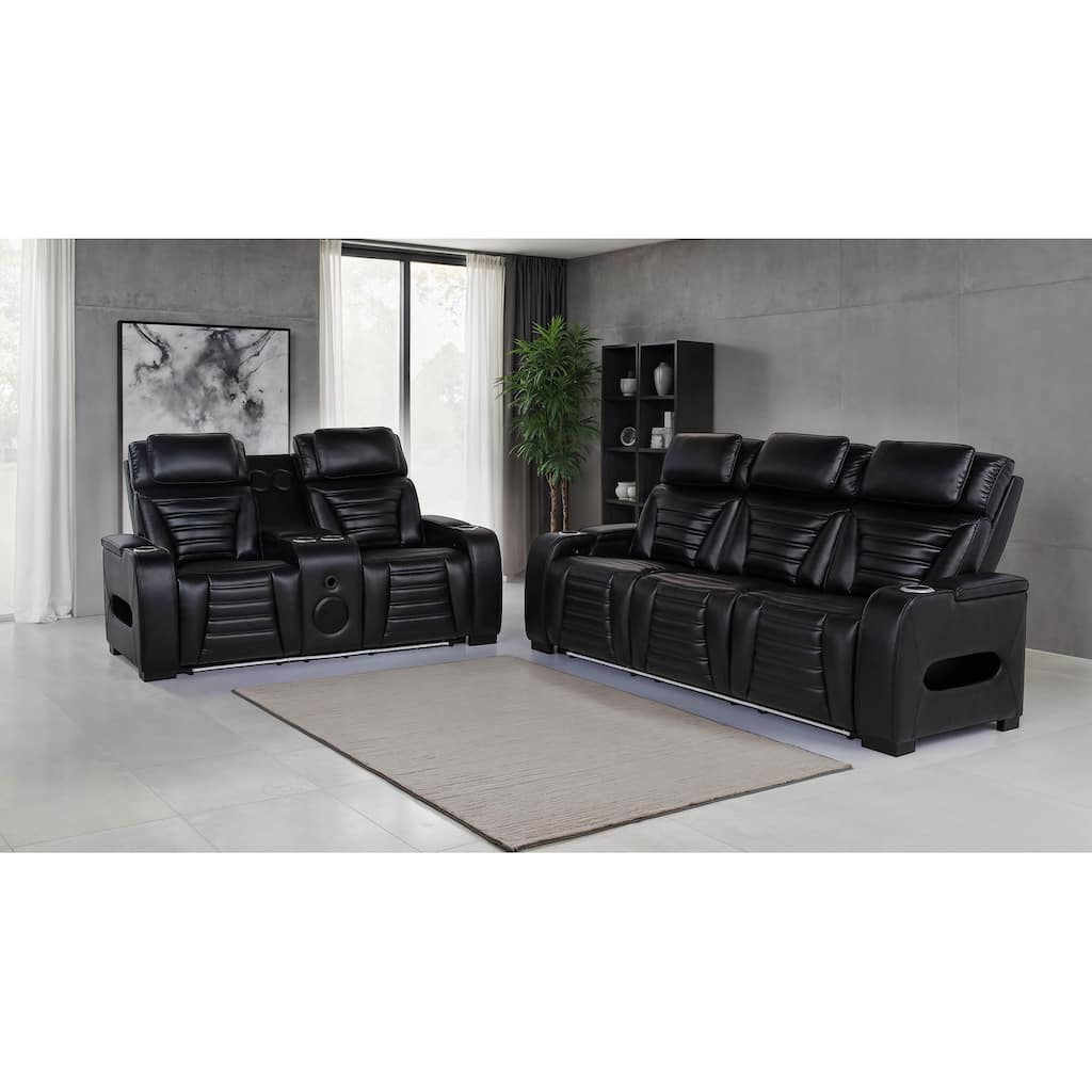 Zuma Faux Leather Dual Power LED Sofa Set Black