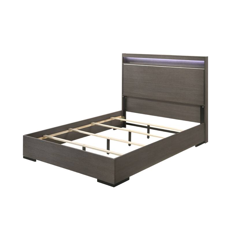 Wooden Eastern King Bed with LED in Gray Oak Finish
