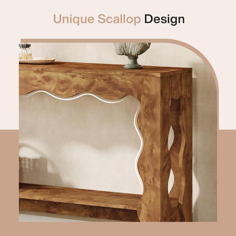 63 Inch Console/Entryway Table, Modern Rustic Entry Table with Scalloped Edge & Storage Shelf