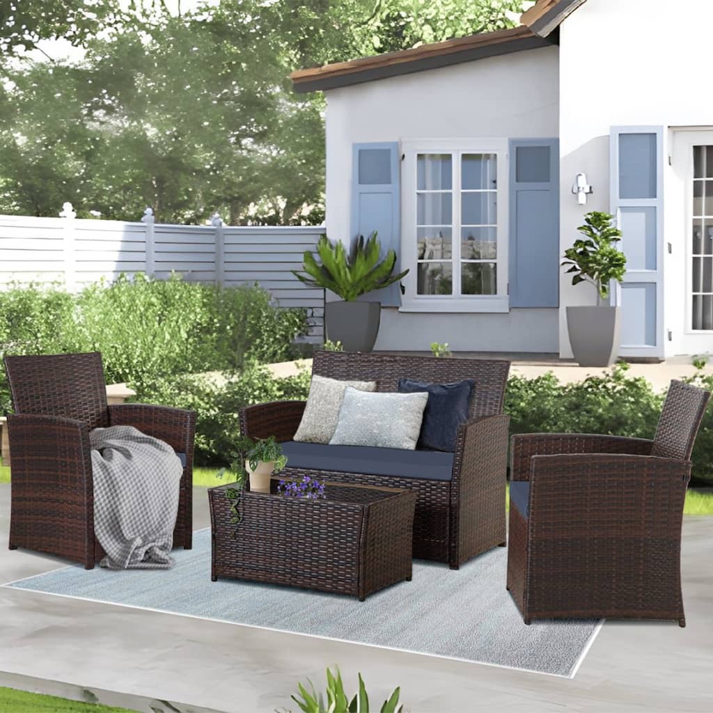 4-Piece Wicker Outdoor Sofa Set, 1 Loveseats, 2 Single Sofas, 1 Table