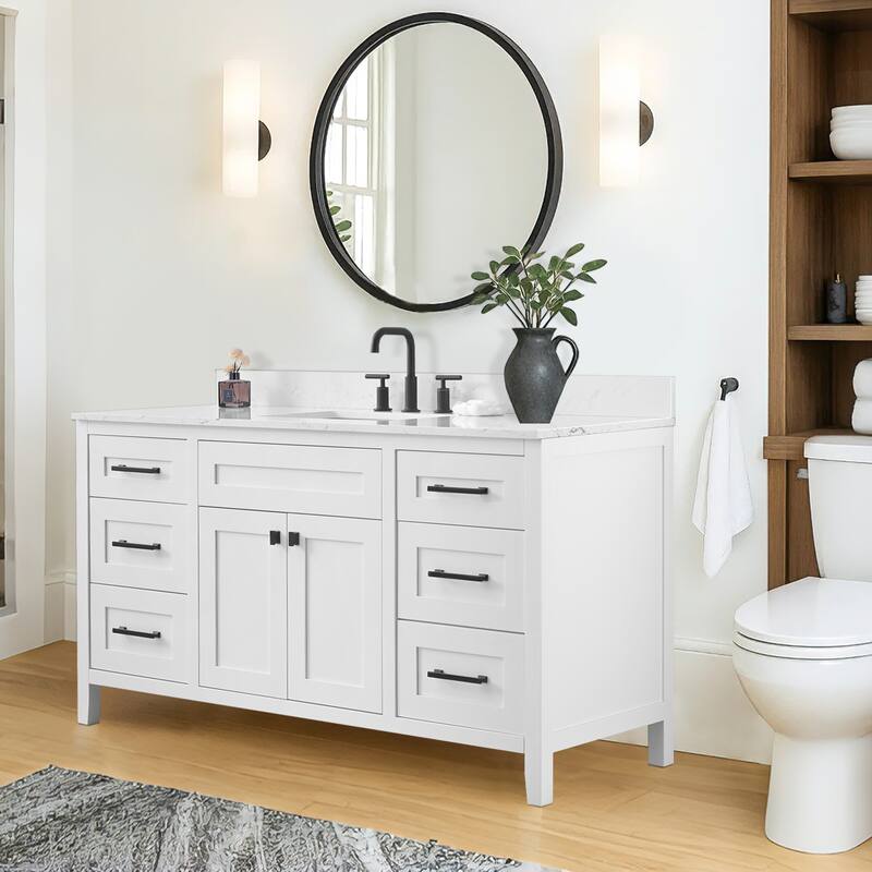 60" inch Freestanding Bathroom Vanity with Classical White Quartz Counter Top Ceramic Rectangular Sink
