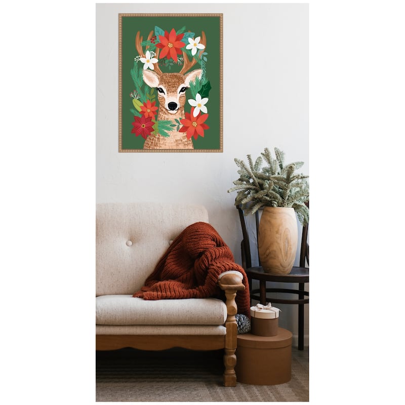 Kate and Laurel Sylvie Beaded Festive Christmas Deer Framed Canvas by Mia Charro - Sylvie Beaded Rustic Natural