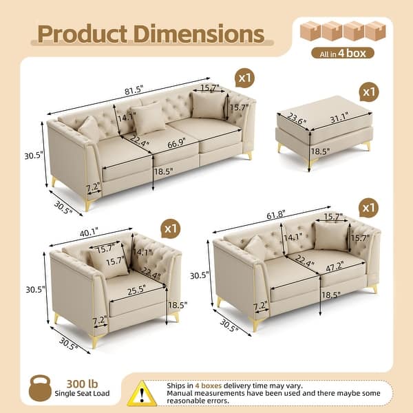 GDFStudio - Multi-Size Faux Leather 6-Seat Chesterfield Modular Sofa Set with Metal Trim & 6 Pillows