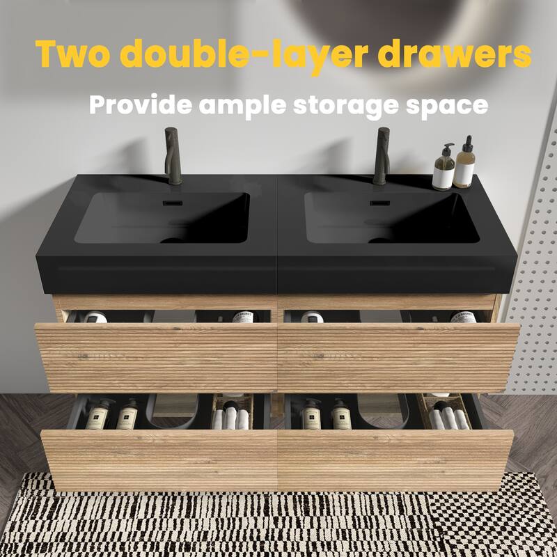 GDFStudio - Grace Wall-Mounted Bathroom Vanity with Engineered Quartz Sink & Soft Close Drawers, without Drainage and Faucet