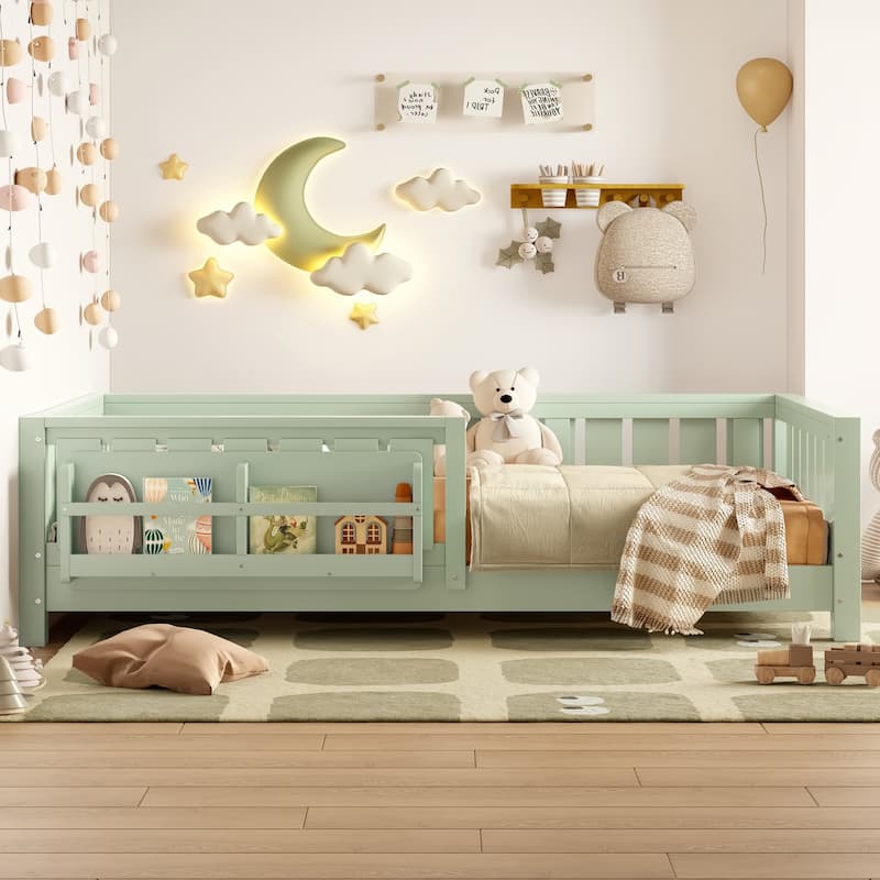 Low Profile Montessori Bed Floor Platform Bed with Fence and Bookshelf