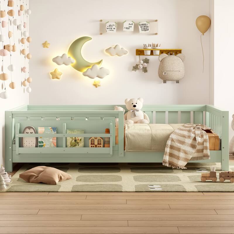 Twin bed with built-in bookshelf and high-quality safety guardrail