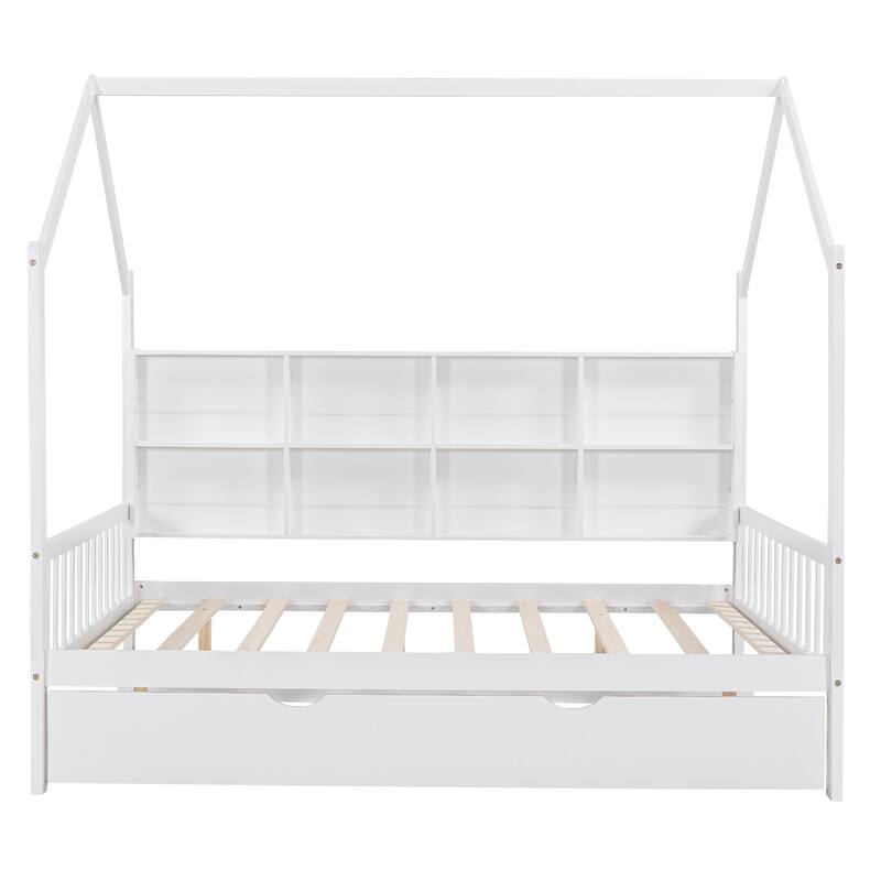 Full Size Wooden House Bed with Trundle and Shelf for Kids, White