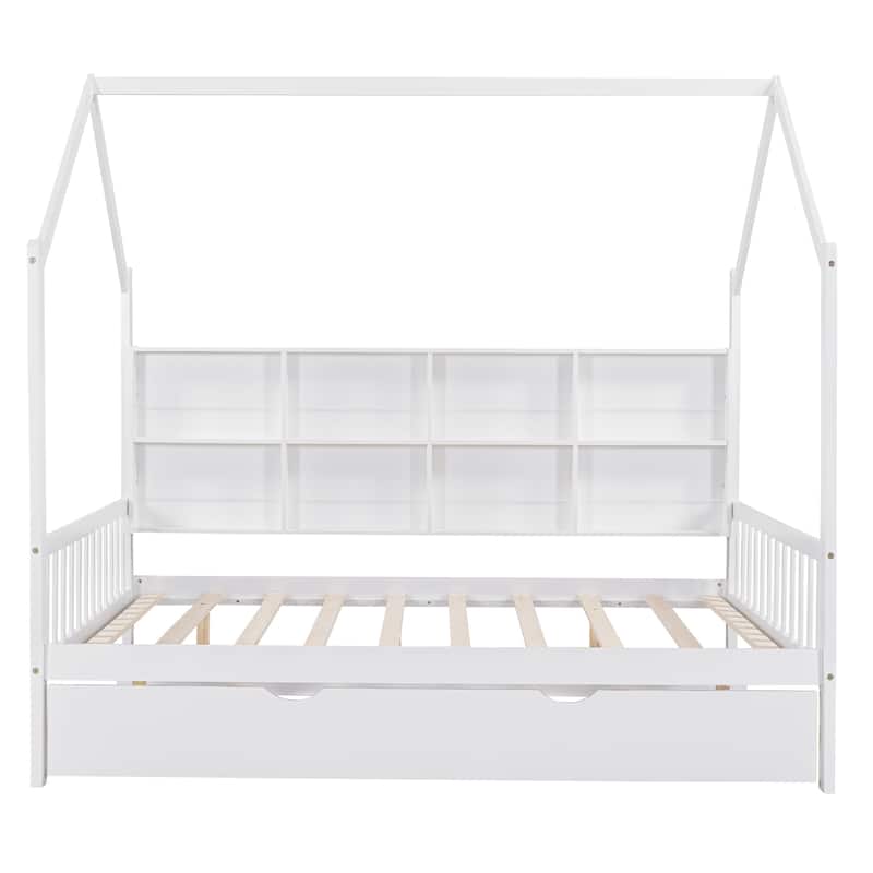 White Wooden Full Size House Bed w/ Trundle, Kids Bed w/ Shelf