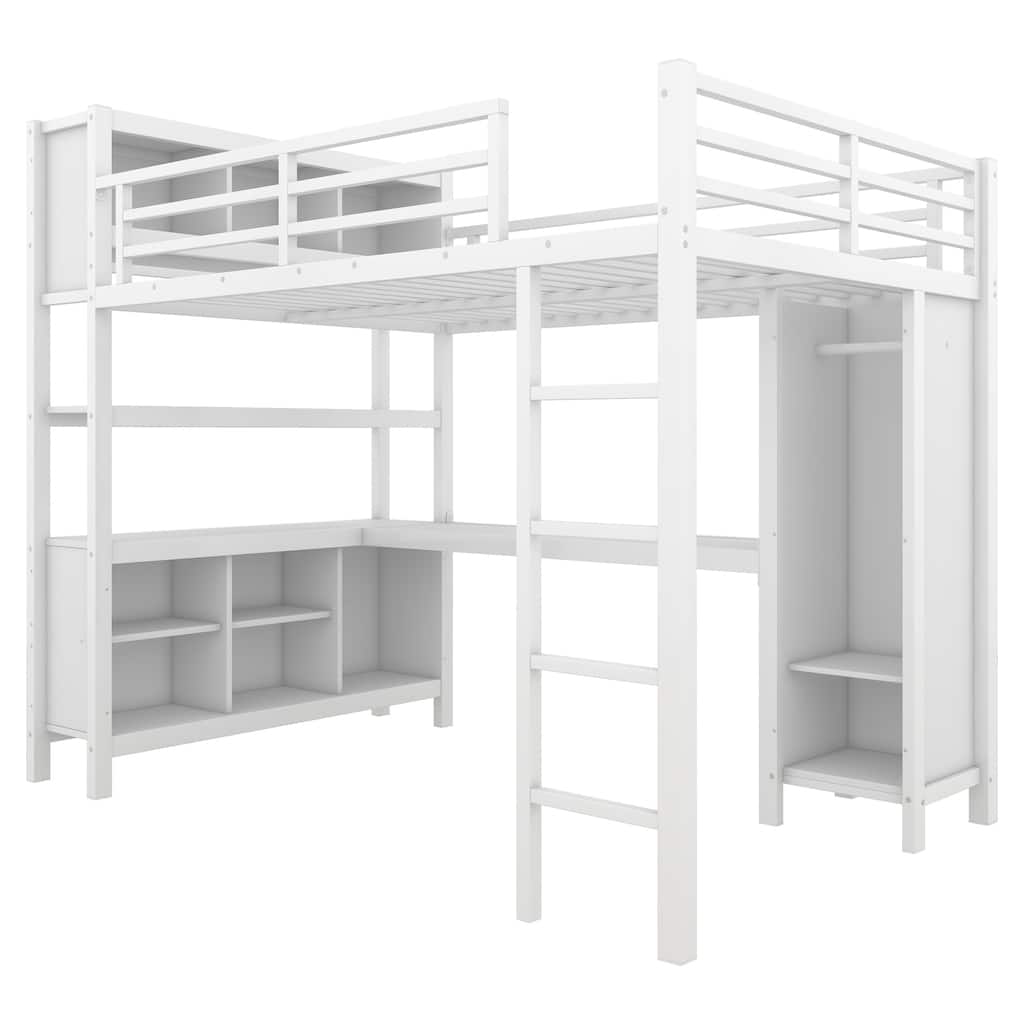 White Metal Full Loft Bed with L-Shaped Desk, Wardrobe and Space-Saving Design