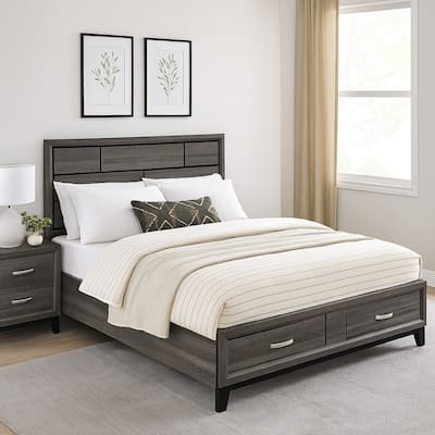 Eastern King Bed with Grooved Pattern and 2 Drawers, Gray