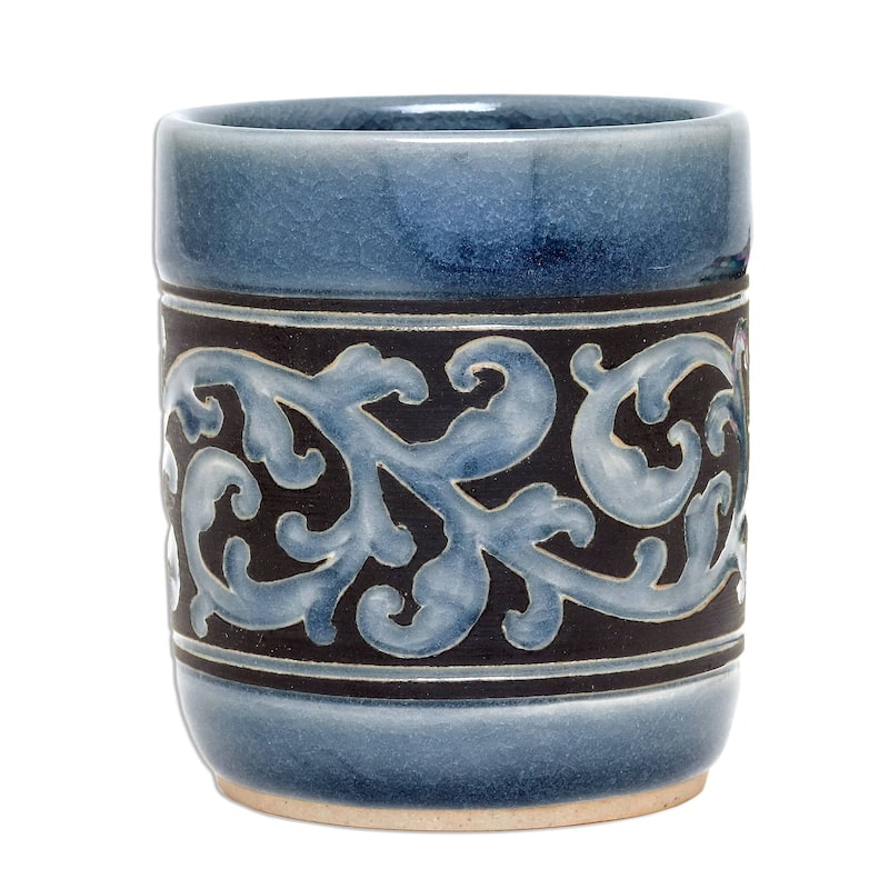 Handmade Blue Kanok Celadon ceramic teacup (Thailand)