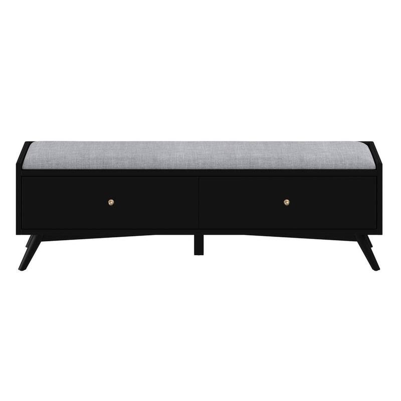 HomeRoots 59" Gray and Black Upholstered Polyester Blend Bench with Drawers - 59