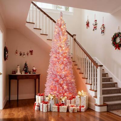 6/7FT Pre-lit Snow-Flocked Pencil Christmas Tree Pink Hinged Xmas Tree
