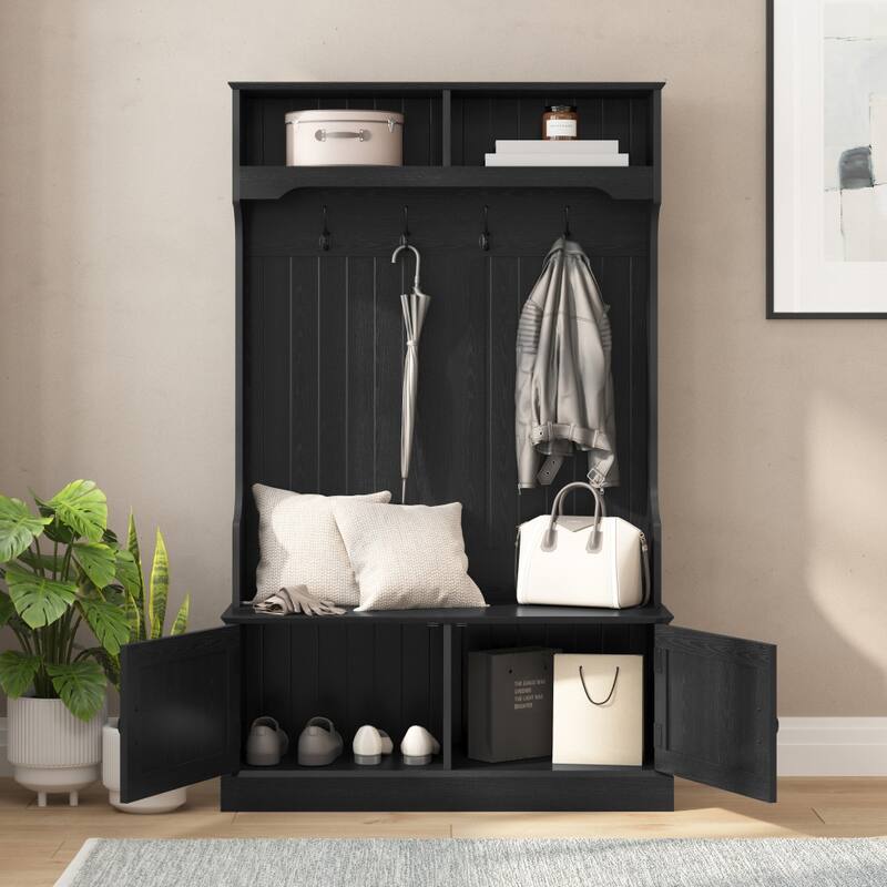 Hall Tree with Storage Bench, Upper Cubbies and 4 Double Coat Hooks - 18.5"D x 39.25"W x 65"H