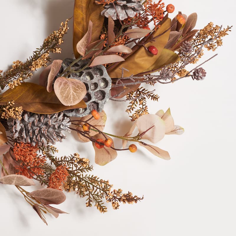 SAFAVIEH Jodi Faux 32 Inch Eucalyptus & Lotus Wreath with Pine Cones - 32" W x 32" D x 9" H - 32Wx32Dx9H