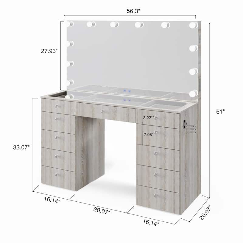 Makeup Vanity Desk, Glass Top, 12 LED Lights BT Speakers & 11 Drawers