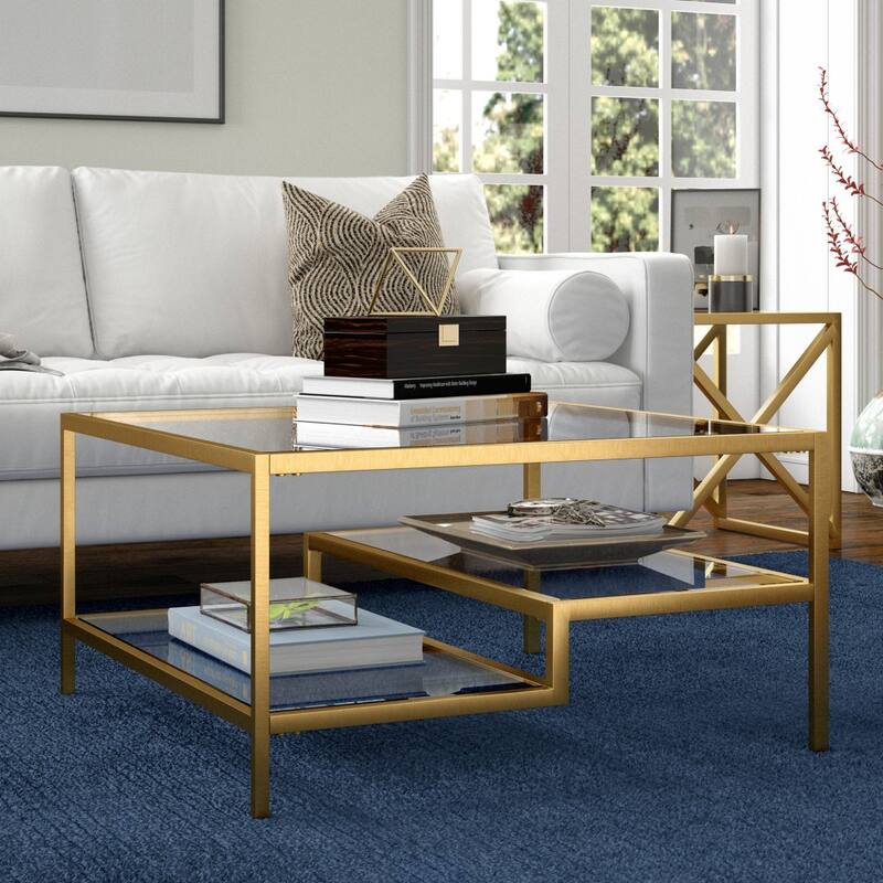 32-Inch Glass Square Coffee Table with Steel Base and Storage Shelves - 32” x 32” x 17”