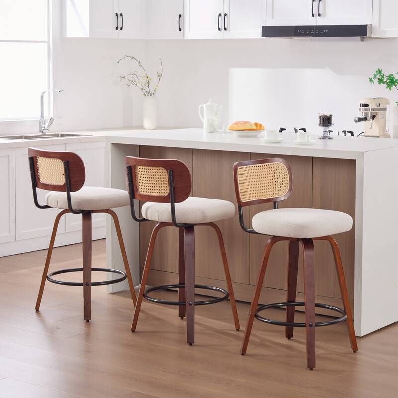 Roomfitters Upholstered Swivel Bar Stools Set of 3 with Rattan Back and Wood Legs, Modern Counter Height Dining Chairs - Beige