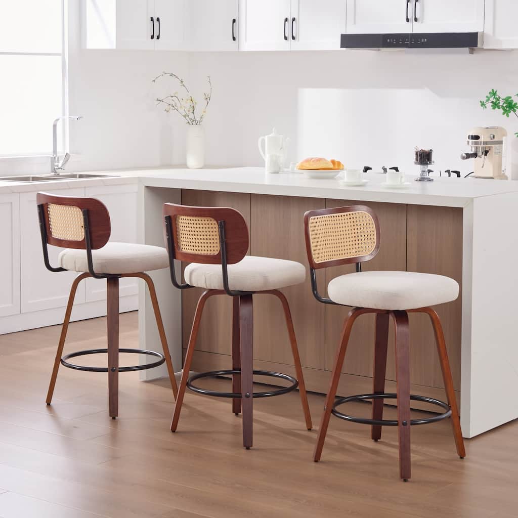 Roomfitters Upholstered Swivel Bar Stools Set of 3 with Rattan Back and Wood Legs, Modern Counter Height Dining Chairs
