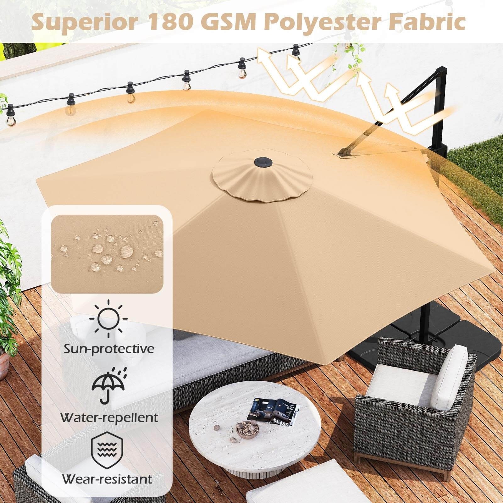 ft beige water resistant patio umbrelle Domi Outdoor Living - Umbrella Supported by 8 solid thickened metal ribs LAZZO 15 ft. Large Patio