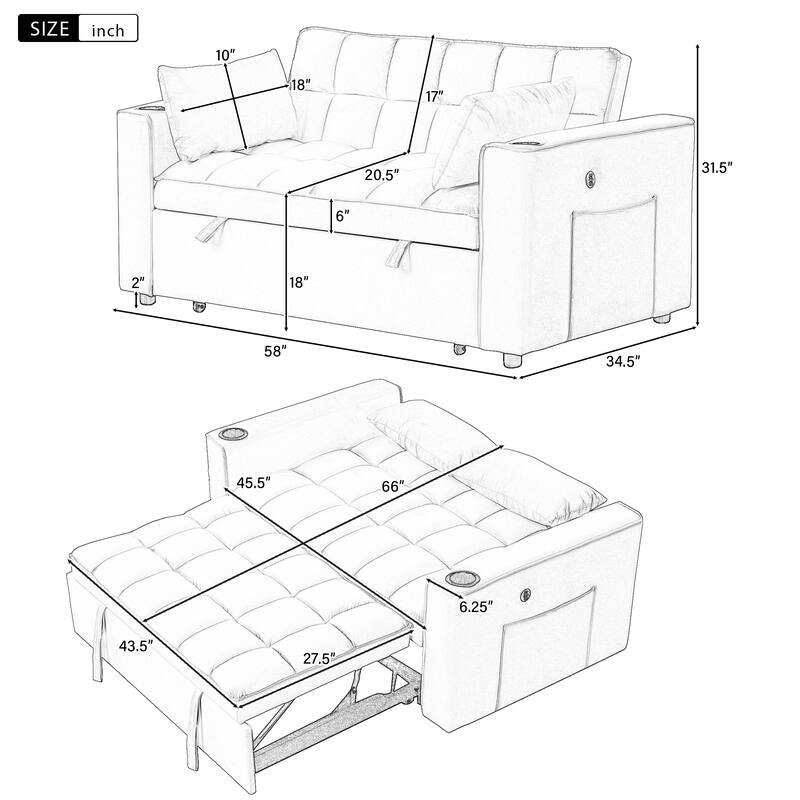 4-in-1 Modern Sofa Bed with USB Charging and Cup Holder, Perfect for Apartments