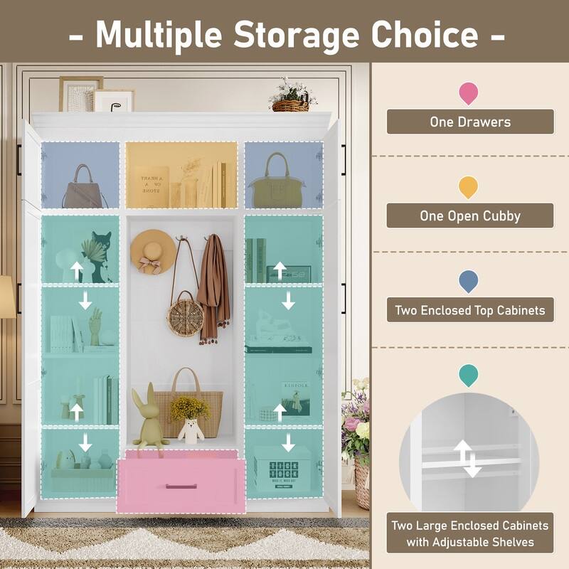 Entryway Bench with Coat Rack, Adjustable Shelves and Drawers, Entryway Storage Organizer Cabinet with 4 Doors