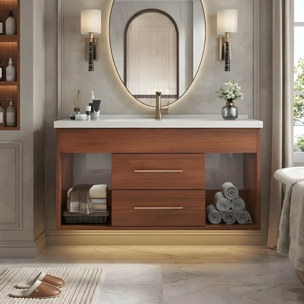 35.4" Mid-century Modern Single Bathroom Vanity with Integrated Ceramic Undermount Sink
