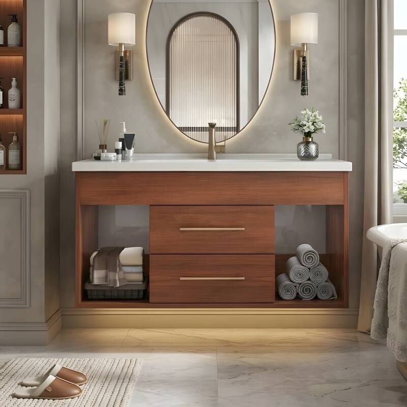 35.4" Mid-century Modern Single Bathroom Vanity with Integrated Ceramic Undermount Sink