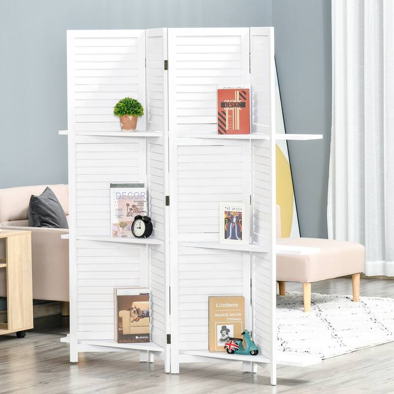 4 Panel 67" Tall Wood Privacy Screen Room Divider with 3 Display Shelves, and Folding Storage for Bedroom or Home Office, White