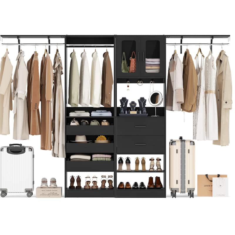 80"-120" Closet System With Door and Wooden Drawers, Closet Organizer System with 3 Haning Rods and Storage Shelves