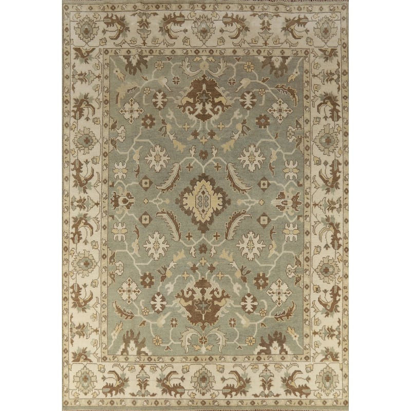 Light Green Floral Oushak Indian Area Rug Hand-Knotted Wool Carpet - 9'2" x 12'1"