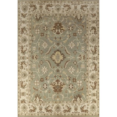 Light Green Floral Oushak Indian Area Rug Hand-Knotted Wool Carpet - 9'2" x 12'1"
