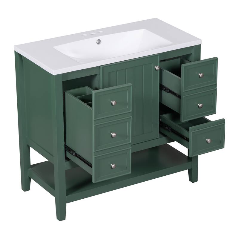 Freestanding 36" Bathroom Vanity Cabinet with Ceramic Sink & Open Storage Shelf