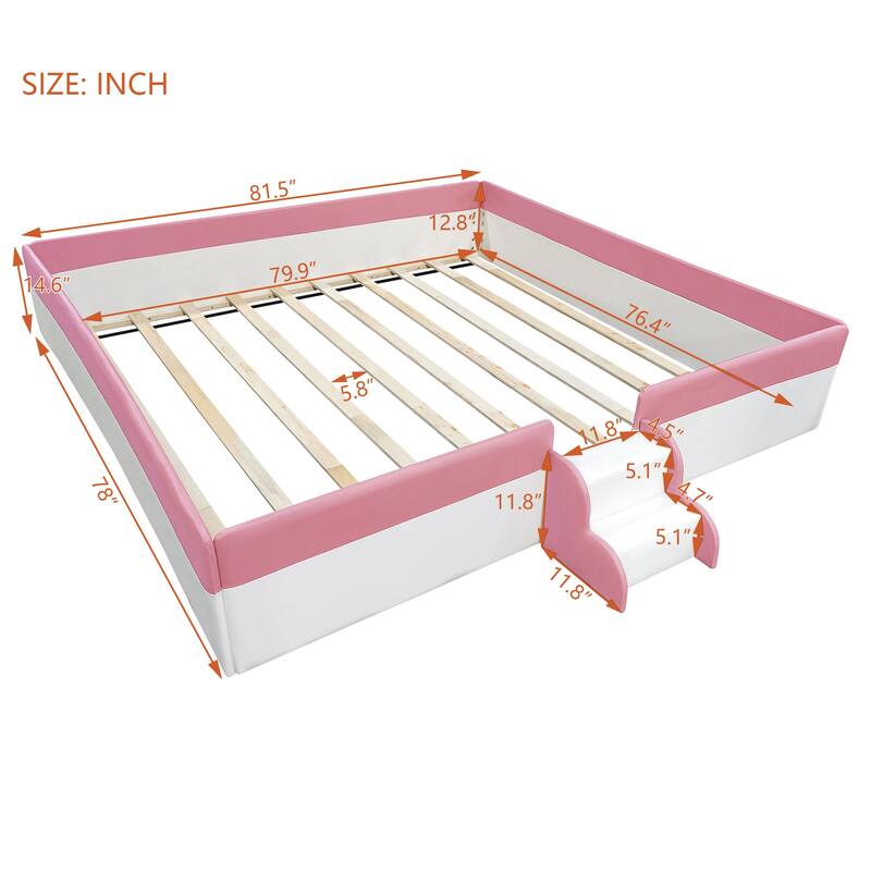 King Size Upholstered Daybed Frame with Fence and Stairs,(Pink+White)