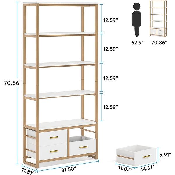Modern White Gold Etagere Bookcase with 4 Storage Drawers Bed Bath