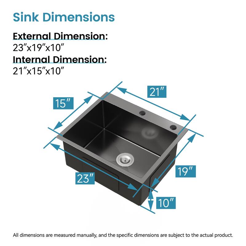 Cozy Stainless Steel Black Satin Countertop Kitchen Sink Rectangular 23x19x10 Lift-and-Turn Drain Modern Design - 23”x19”x10”