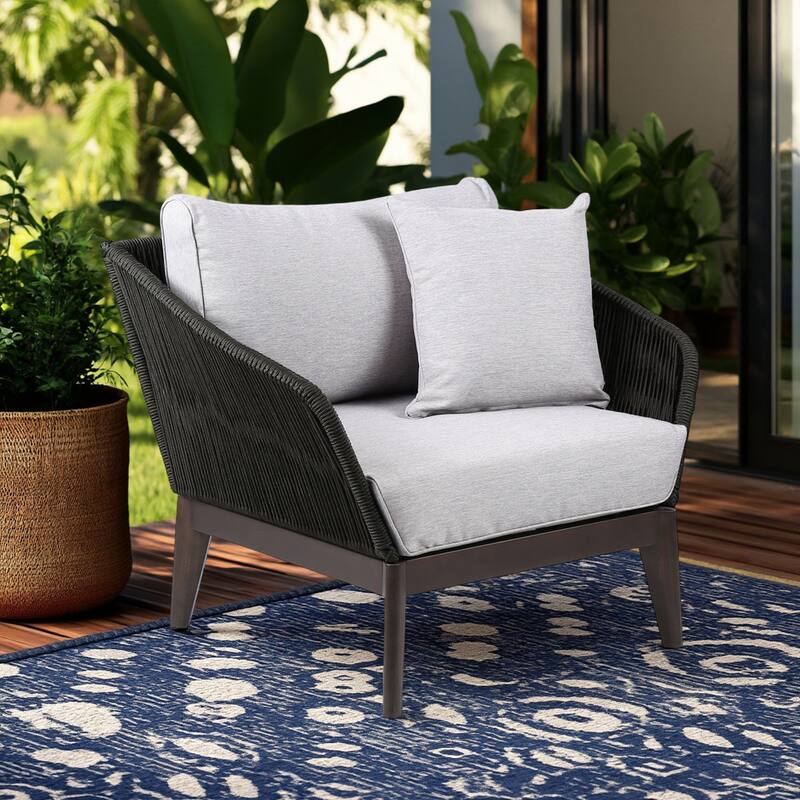 Athos Solid Eucalyptus Wood and Charcoal Rope Outdoor Patio Club Chair with Cushions - Dark Eucalyptus