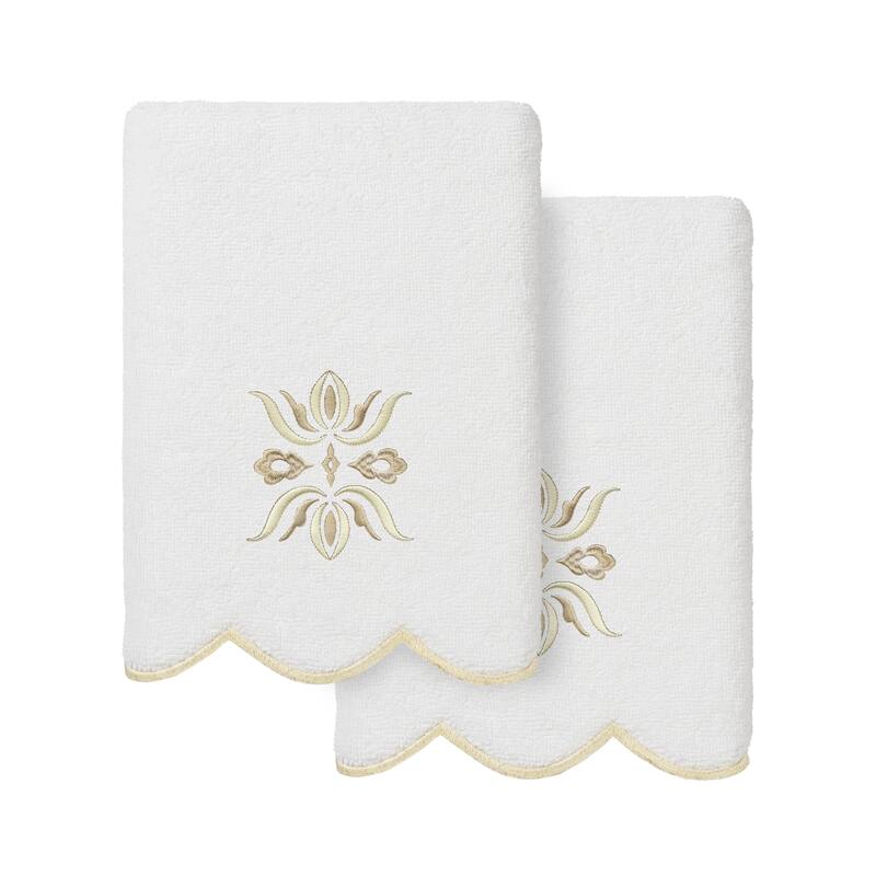 Authentic Hotel and Spa 100% Turkish Cotton FLOWER CREST Scallop Towel Collection - White/Beige - 2 Hand Towels