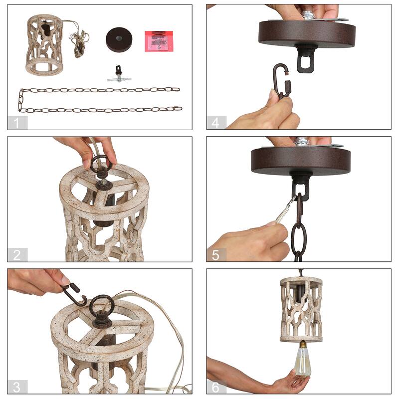 Farmhouse 1-Light Rustic Wood Pendant Light for Kitchen Island Dining Room - 6'' L x 6'' W x 11'' H