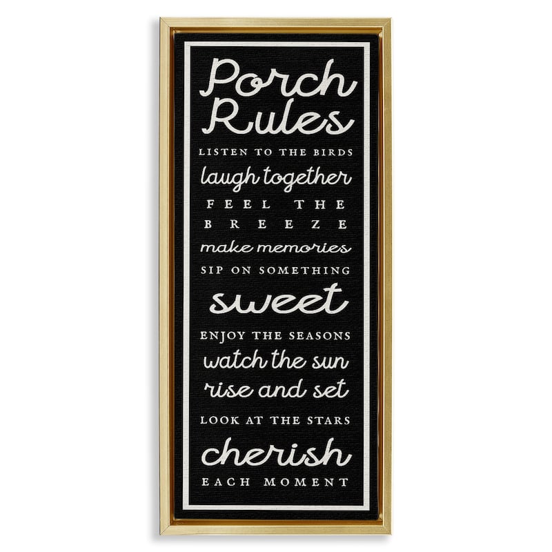 Stupell Porch Rules on Black Framed Floater Canvas Wall Art Design By Lil' Rue - 11 x 25 - Gold