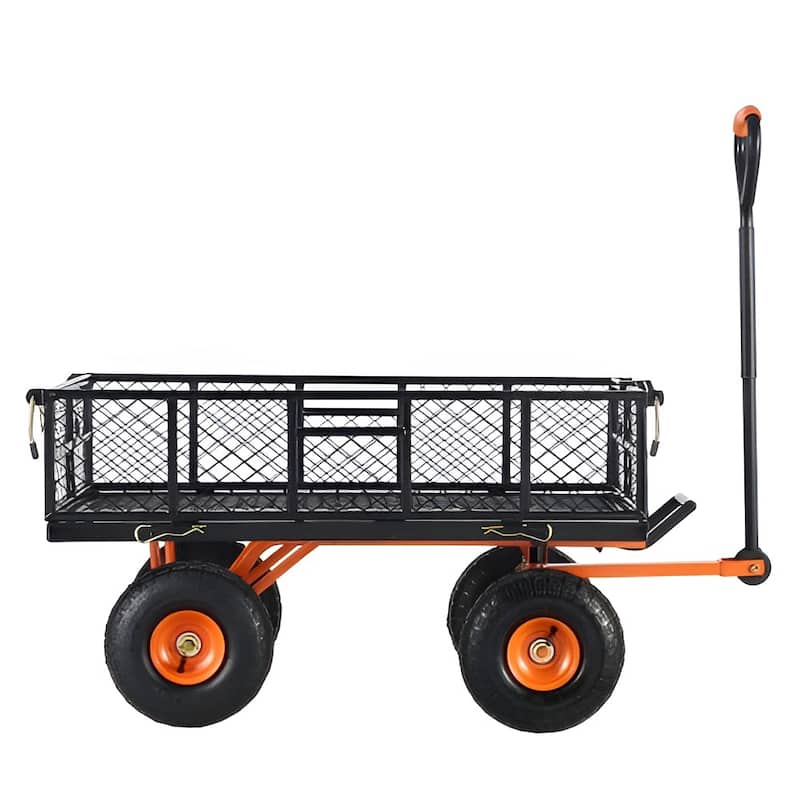 Orange Steel Dump Cart 400lbs Yard Wagon 10" Wheels Flatbed Mesh Cover - 69.68x19.48x19.68inch - Orange