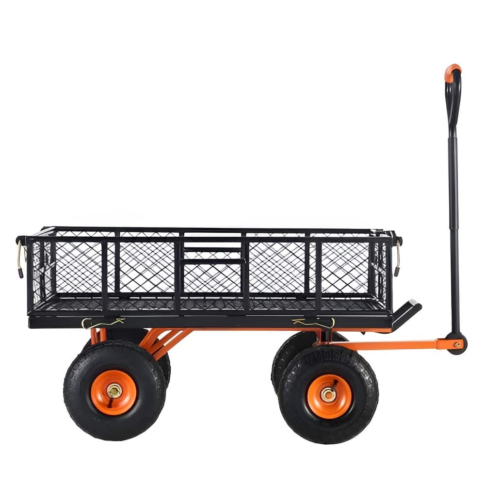 Orange Steel Dump Cart 400lbs Yard Wagon 10" Wheels Flatbed Mesh Cover - 69.68x19.48x19.68inch